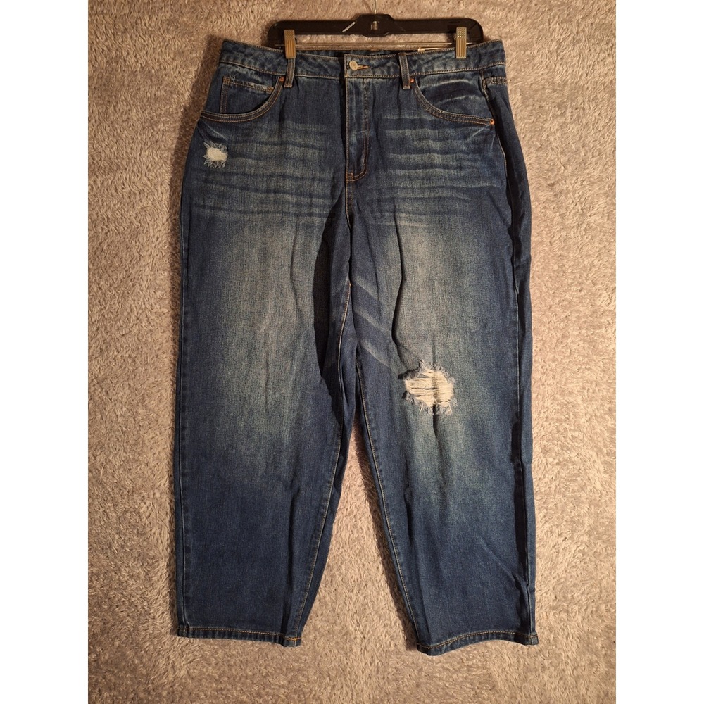 Time and Tru Womens High Rise Barrel Jeans Size 16 Medium Wash Distressed NEW